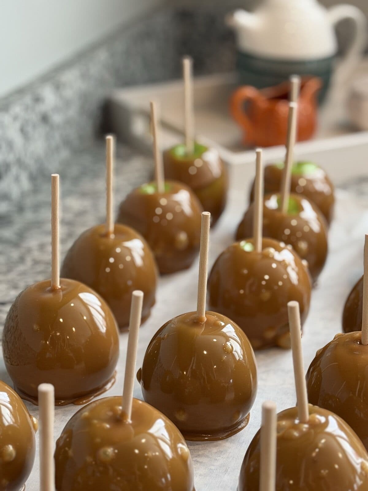 A tray of glossy caramel apples on sticks, fresh from dipping